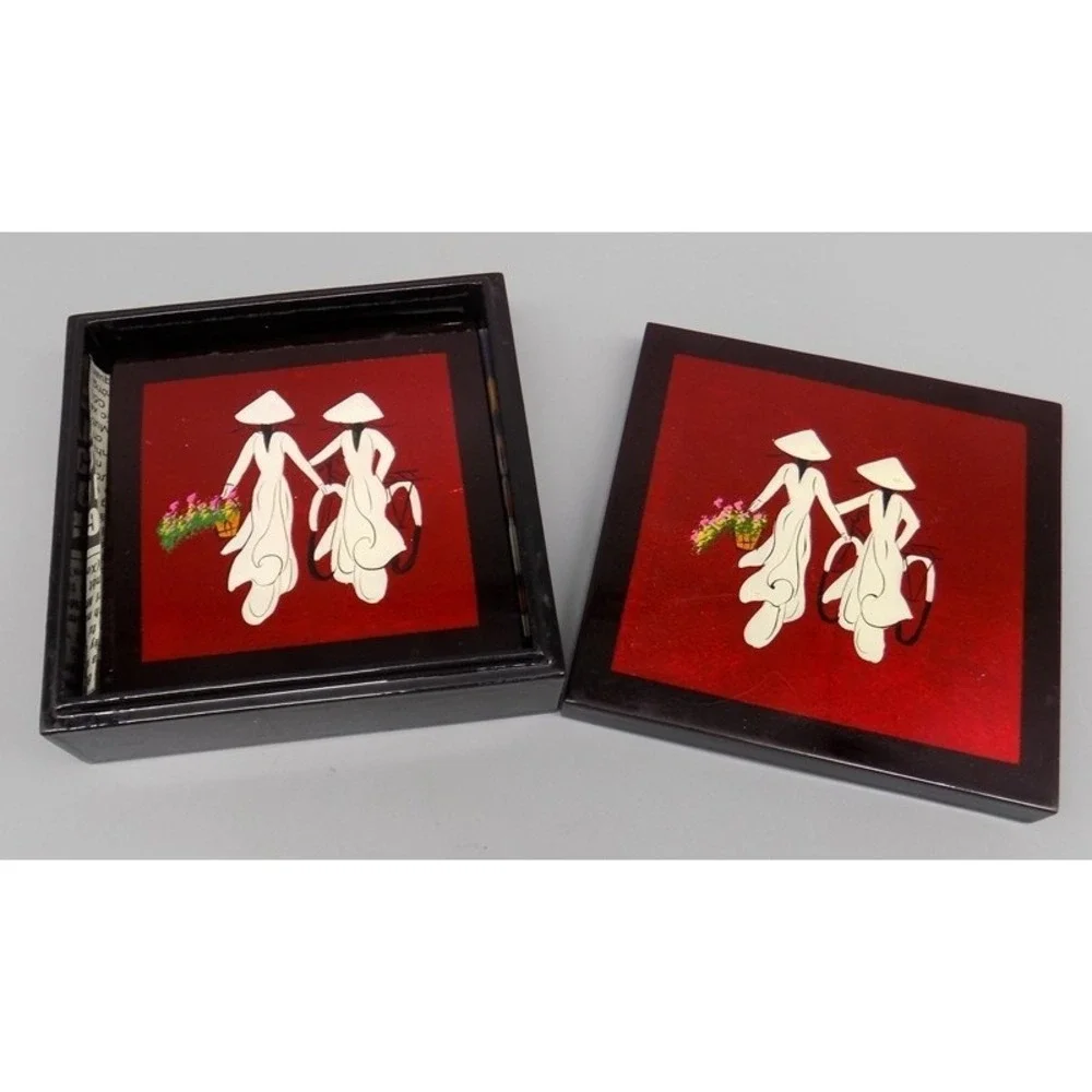 6 Vtg Vietnamese Lacquer Coasters w/ Box Hand-Painted Áo Dài Art HOI AN Unused